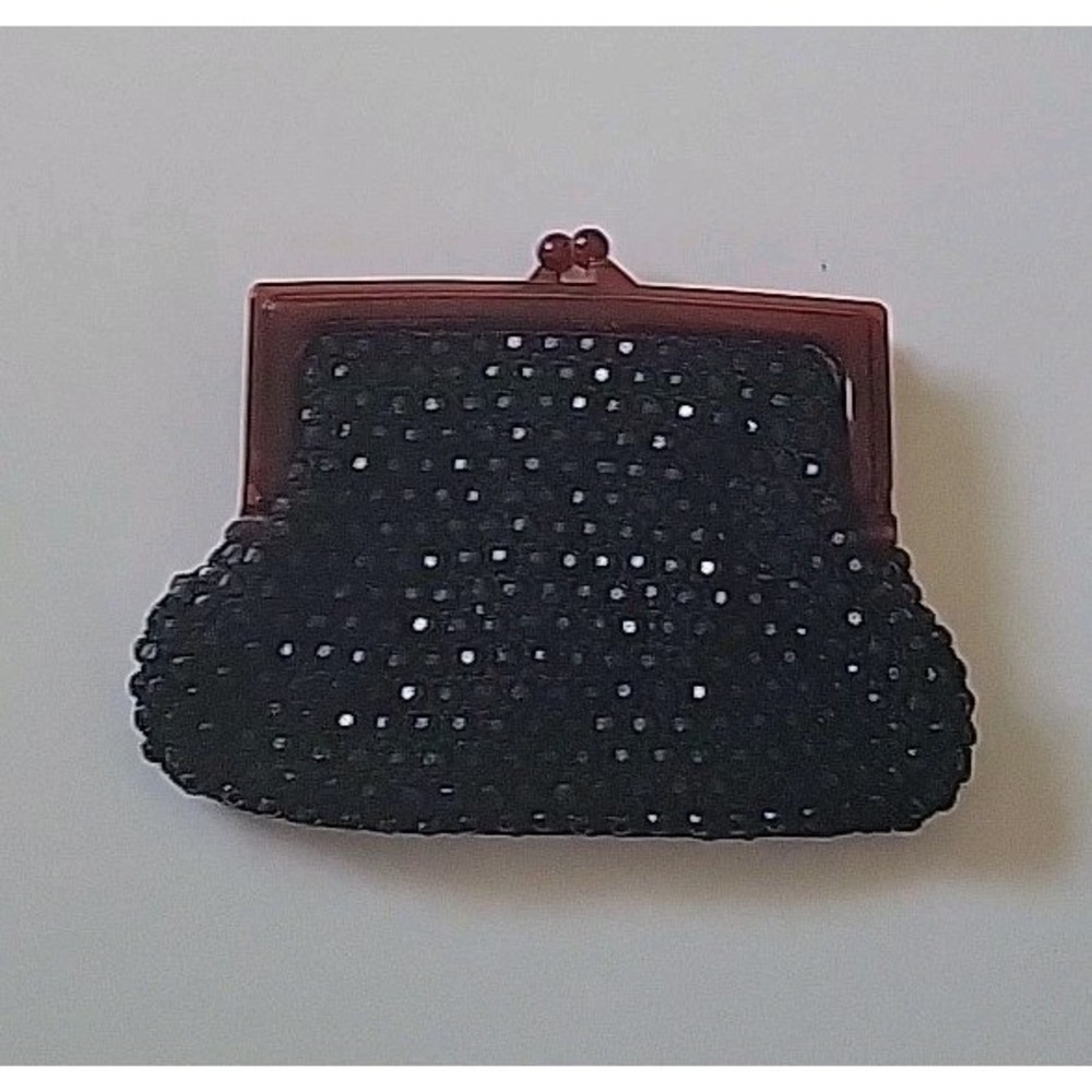 Vintage Beaded Clutch‎ Purse Black Lucite Kiss Lock Cocktail Evening Formal Glam